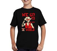 We go to The New World - Camiseta infantil con texto en inglés "One Luffy Piece", Negro , 152-164