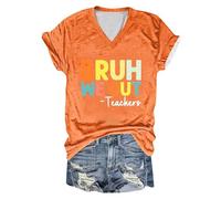 We Out Teachers Camisetas para Mujer Divertida Camiseta con Letras Estampado de Letras Cuello en V Manga Corta Regalo para Maestros Tops Suéter con Falda para Mujer, naranja, 3XL
