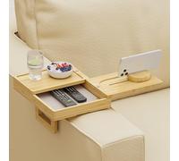 Wealone Bandeja de bambú para brazo de sofá con 2 bandejas giratorias, mesa ajustable con clip para brazo de sofá con caja de almacenamiento y soporte para teléfono de 360°, mesa con reposabrazos de