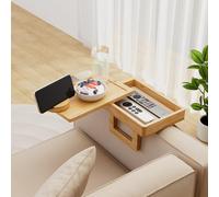 Wealone Mini mesa de sofá para reposabrazos estrecho, bandeja de bambú con almacenamiento, tablero giratorio y soporte para teléfono, clip ajustable para sofá para aperitivos o cenas, reposabrazos ≤