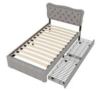 WEALTHOUSE Cama individual tapizada con cabecero ajustable, elegante decoración de botones y remaches, somier estable con 12 listones, 2 cajones grandes bajo la cama (gris, 90 x 200 cm)