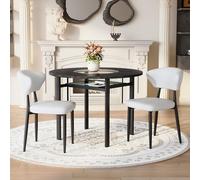 WEALTHOUSE Juego de mesa redonda minimalista con cuatro sillones, respaldo ergonómico curvado, asiento acolchado de poliuretano, construcción de metal estable, tapa de cristal con estante integrado