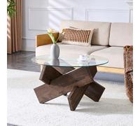 WEALTHOUSE Mesa de centro redonda con tapa de cristal templado y soporte de cruz de aspecto de madera para salón moderno, mesa auxiliar minimalista con vetas naturales, mesa estable (nogal, 79 cm)