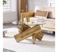 WEALTHOUSE Mesa de centro redonda con tapa de cristal templado y soporte de cruz de aspecto de madera para salón moderno, mesa auxiliar minimalista con vetas naturales, mesa estable (madera, 79 cm)