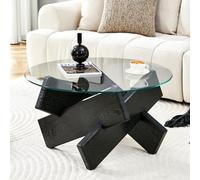 WEALTHOUSE Mesa de centro redonda con tapa de cristal templado y soporte de cruz de aspecto de madera para salón moderno, mesa auxiliar minimalista con vetas naturales, mesa estable (negro, 79 cm)
