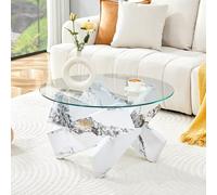 WEALTHOUSE Mesa de centro redonda con tapa de cristal templado y soporte de cruz de aspecto de madera para salón moderno, mesa auxiliar minimalista con vetas naturales, mesa estable (blanco, 79 cm)