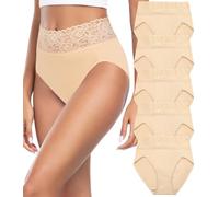 Wealurre Bragas Mujer Algodon Cintura Alta Encaje Braguita de Talle Alto Culotte Cómodo Talla Ropa Interior Pack de 5,L,Skin