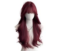 Wear and Go Long Wine Red Wig with Bangs for Women, Synthetic Hairs Layered Style Hair for Daily and Party Use