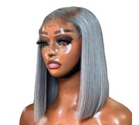 Wear and Go Peluca Bob gris plateada de cabello humano, pelucas delanteras de encaje rectas HD 13x4, cabello prearrancado sin pegamento for mujeres negras(14 inch)