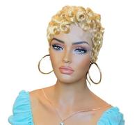 Wear and Go Peluca brasileña del pelo humano de la Virgen del frente del cordón del corte Pixie, pelucas frontales de los cordones 13X4 pelos rizados en capas cortos con flequillo(Blonde)