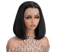 Wear and Go Peluca corta brasileña lisa estilo bob, con raya, de cabello humano con frontal de encaje HD 13x4 y cabello humano pre-depilado. Ideal for mujeres.(Black,14inch)