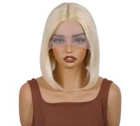 Wear and Go Peluca corta brasileña lisa estilo bob, con raya, de cabello humano con frontal de encaje HD 13x4 y cabello humano pre-depilado. Ideal for mujeres.(Gold,14inch)