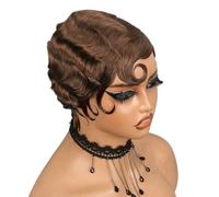 Wear and Go Peluca corta de cabello humano con corte pixie brasileño for mujer, estilo ondulado oceánico, sin encaje frontal, con capas completas y rizadas.(Chocolate Brown)
