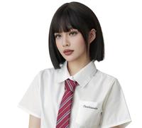 Wear and Go Peluca corta negra lisa de 30 cm con flequillo, estilo bob, hasta los hombros, de fibra sintética, for mujer