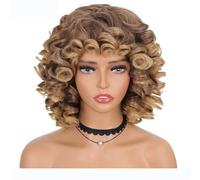 Wear and Go Peluca corta ondulada y rizada de 14 pulgadas for mujer, peluca sintética con rizos esponjosos y flequillo(Dark gold)