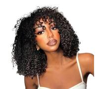 Wear and Go Peluca corta y rizada con flequillo de cabello humano for mujeres, 3x1 HD encaje aspecto realista Bob pelucas pelo virgen brasileño, negro natural(12 inch)