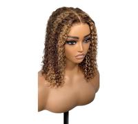 Wear and Go Peluca De Cabello Humano Bob Sin Pegamento Con Cierre De Encaje HD 5x5, Peluca Rizada De Color Rubio Miel P4/27, Sin Pegamento, For Mujeres Negras(8 inch)