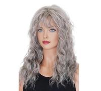 Wear and Go Peluca de mujer ondulada y rizada larga con flequillo,Pelucas de pelo sintético for fiesta de cosplay,Gris
