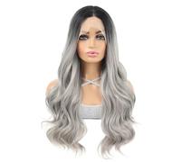 Wear and Go Peluca delantera de encaje de fibra sintética 13x4, onda larga y suelta del cuerpo, rayita pre desplumada de 26 pulgadas for mujeres(Sliver)