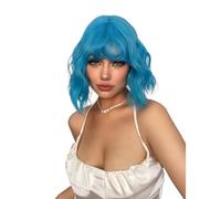 Wear and Go Peluca rizada Bob corta azul de 12 pulgadas for mujer con flequillo, pelucas sintéticas onduladas for uso diario