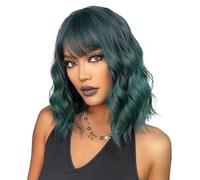 Wear and Go Pelucas Bob cortas de color verde oscuro con flequillo for mujer, peluca ondulada suelta, pelo sintético rizado hasta los hombros for disfraz de Cosplay