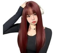 Wear and Go Pelucas largas y rectas de color rojo vino for mujeres con flecos, pelo sintético Natural, peluca Ombre for uso diario en fiestas