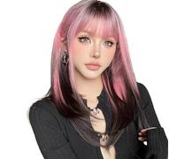 Wear and Go Pelucas negras de color rosa degradado for mujer, peluca recta sintética larga con flequillo, pelo en capas colorido for Cosplay for uso diario en fiestas/Halloween