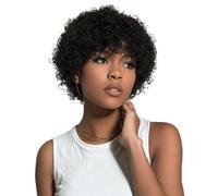 Wear and Go Pelucas rizadas cortas del cabello humano con flequillo, peluca natural del corte del duendecillo de los pelos negros for las mujeres(4inch)