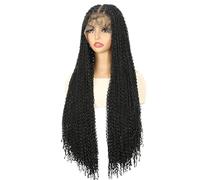 Wear and Go Pelucas trenzadas boho sin nudos, peluca trenzada sintética larga con frente de encaje HD de 13x4 '' for mujeres(Black,16 inch)