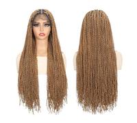 Wear and Go Pelucas trenzadas de caja ondulada larga, peluca trenzada bohemia de pelo rizado sintético de encaje completo 360 sin nudos cuadrados for cabellos de mujeres negras(Brown)