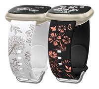 Wearlizer Paquete de 2 correas grabadas florales compatibles con correas Fitbit Versa 3/Versa 4/Sense 2/Sense, correas para mujer, bonita correa deportiva de silicona suave de dos tonos, luz de