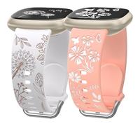 Wearlizer Paquete de 2 correas grabadas florales compatibles con Fitbit Versa 3 correas/Versa 4/Sense 2/Sense Bands para mujer, bonita pulsera deportiva de silicona suave de dos tonos, negro/rosa té