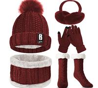 WEASIC Conjunto Bufanda, Gorro y Guantes Antideslizantes para Mujer - Calcetines, Orejeras, Guantes Táctiles - Regalos Navidad Invierno - Vino Tinto