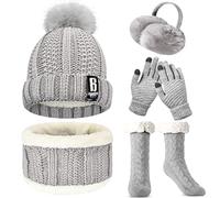 WEASIC Conjunto Bufanda, Orejeras, Gorro y Guantes Tactiles para Mujer - Antideslizantes Calcetines de Invierno, Regalos Navidad - Gris