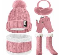WEASIC Conjunto de Invierno con Bufanda, Gorro, Guantes Tactiles, Calcetines Antideslizantes y Orejeras para Mujer - Rosa