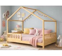 WEB2O Cama Cabaña de Madera para Niños y Niñas, Estructura Cama Infantil 90 x 190 cm, con Barandillas de Seguridad y Somier Incluidas, Estilo Casero