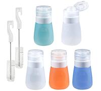 Webake Recipiente para aderezo de ensalada de 2 onzas, paquete de 5 botellas de silicona para condimentos con 2 cepillos de limpieza, mini recipientes de viaje a prueba de fugas