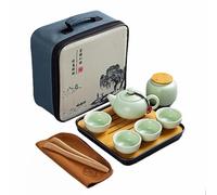 Webao Juego de tetera Kungfu chino, tetera de cerámica con 4 tazas y caja de té y bandeja, juego de viaje todo en uno para té suelto, verde