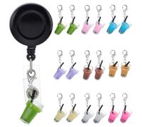 WEBEEDY 18 dijes de carrete de insignia de bebida de té, bonitos dijes decorativos con cierre de langosta para enfermeras, trabajadores, profesores, soporte de identificación, cordón, bolso, mochila
