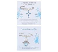 WEBEEDY 2 estilos ramo de novia azul conjunto de tarjetas encanto de seguridad perla con colgante cruz ángel guardián pin recuerdo de boda algo azul regalo para novia Navidad
