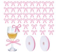 WEBEEDY 40 piezas de marcadores de bebidas con nudos rosa y 20 yardas de cinta, nudos para copas de vino encantos acrílicos de la bebida Tags Coquette Cup Bachelorette Cup Decorations Wedding