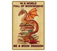 WEBEEDY Cartel de estaño de dragón en un mundo lleno de ratones de biblioteca ser un dragón de libros, 20 x 30 cm, póster retro de dragón, regalo para casa, cafetería, estantería, pared, cumpleaños,