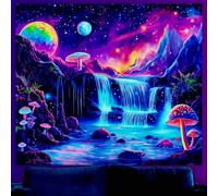 WEBEEDY Glow In The Dark Waterfall Tapiz Lila Galaxy Seta Paisaje Tapices UV Reactivo Estético Luminoso Colgante de Pared para Dormitorio Salón 130 x 150 cm