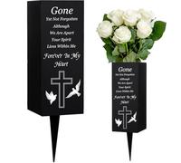 WEBEEDY Jarrones de cementerio de metal para flores de cementerio con puntas, patrón de cruz de palomas signo de memoria de tumba decoraciones conmemorativas de cementerio, 8 x 20 cm (Forever in My