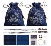 WEBEEDY - Juego de 2 kits de bolsa con cordón bordado DIY Sashiko con accesorios de materiales completos kit de bolsa de costura de punto de cruz para principiante, diseño de flor de loto