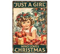 WEBEEDY Letrero de metal retro de Navidad con texto en inglés "Girl Who Loves Christmas", arte de pared de hojalata gruesa, póster para decoración de pared del hogar, patio, cafetería, 20 x 30 cm