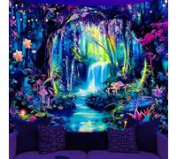 WEBEEDY - Tapiz de bosque mágico con luz negra con plantas florales y cascada reactiva a los rayos UV y brillante en negro, póster negro retro para decoración de dormitorio de lienzo, fondo de fotos