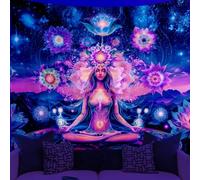 WEBEEDY Tapiz de pared espiritual de siete chakras con luz negra, reactivo a los rayos UV, bohemio, loto, yoga, meditación, galaxia, espacio, planeta, póster para colgar en la pared para dormitorio