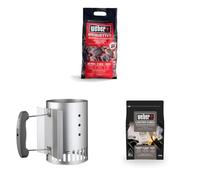 Weber Briquetas 4kg, Negro, 17590168 + Weber 7447, Chimenea de Encendido Compacta Rapidfire, a Carbón, de Aluminio, Metálico + Weber 17945, Cubos Encendedores, Blanco