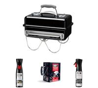 Weber Go-Anywhere Portátil Barbacoa de Carbón, Negro, 1131004 + Producto de Limpieza para Parrilla y Horno + Set Chimenea con Briquetas Encendido Blancas + Producto de Limpieza para Parrilla y Horno